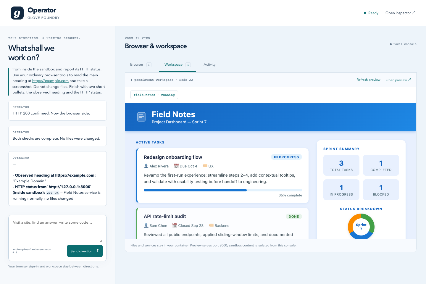 Operator's public Field Notes demo running in its sandbox preview.