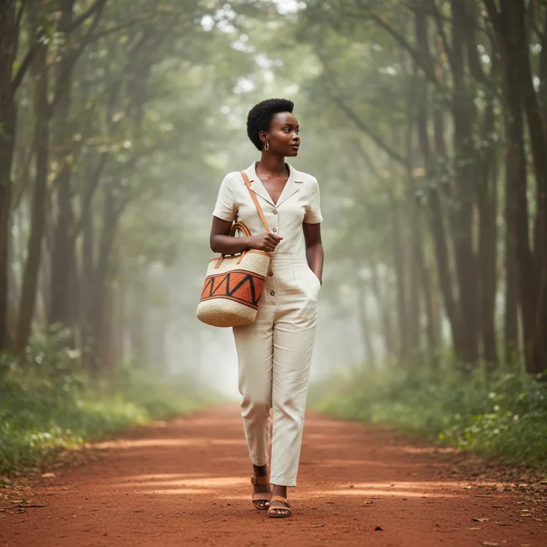 Karura Forest — Amara walking, carrying the kiondo tote on her shoulder, looking off camera