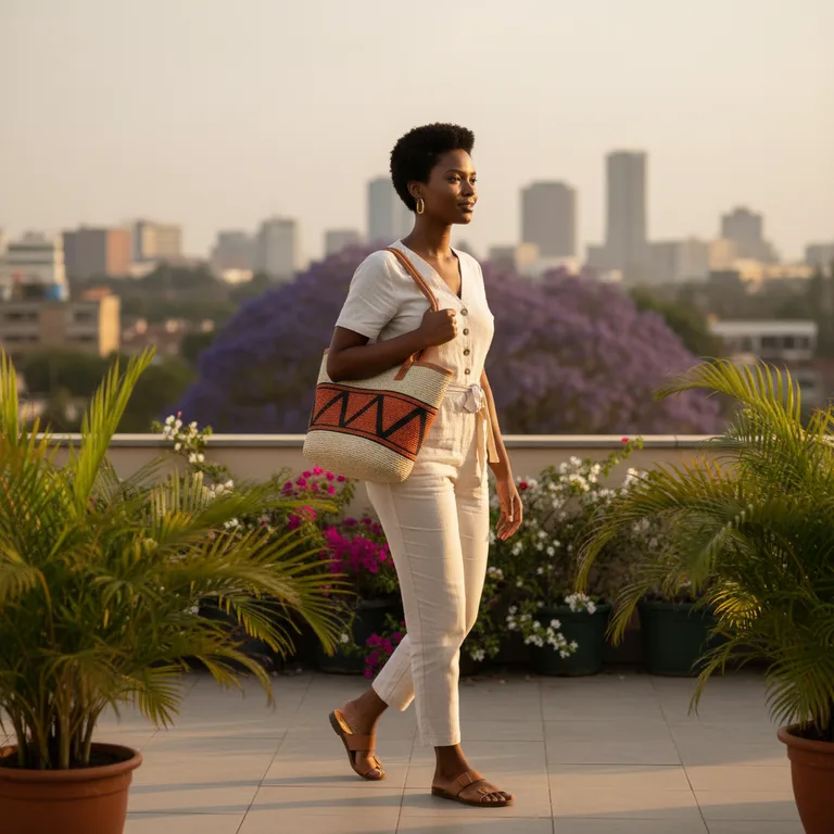 Kilimani rooftop — Amara walking, carrying the kiondo tote on her shoulder, looking off camera
