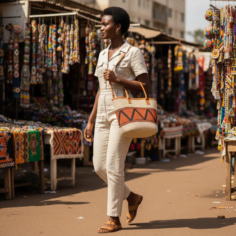 Maasai Market — Amara walking, carrying the kiondo tote on her shoulder, looking off camera