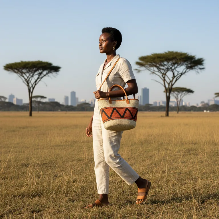 Nairobi National Park — Amara walking, carrying the kiondo tote on her shoulder, looking off camera