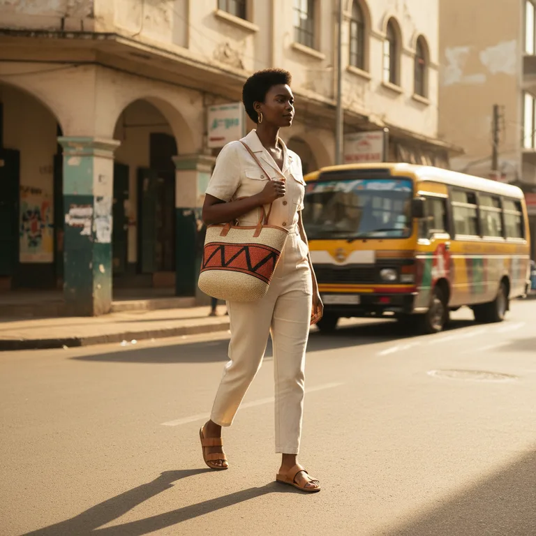 CBD side street — Amara walking, carrying the kiondo tote on her shoulder, looking off camera