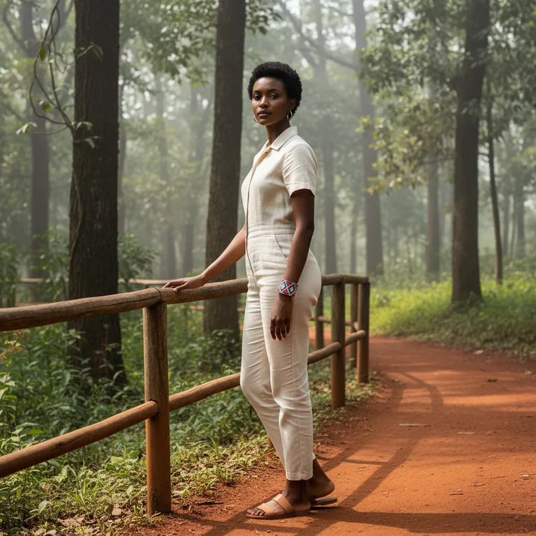 Beaded cuff · Karura Forest — Amara resting one hand on a railing, the beaded cuff clearly visible on her wrist