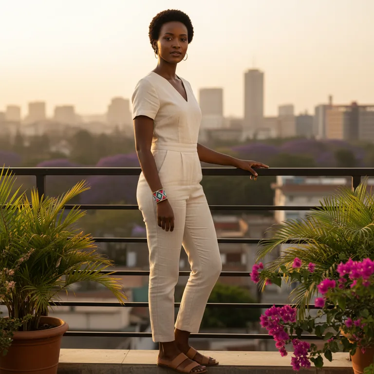 Beaded cuff · Kilimani rooftop — Amara resting one hand on a railing, the beaded cuff clearly visible on her wrist