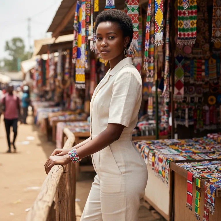 Beaded cuff · Maasai Market — Amara resting one hand on a railing, the beaded cuff clearly visible on her wrist
