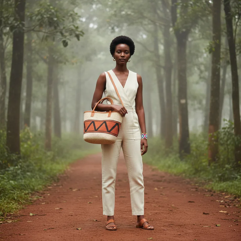 Full look · Karura Forest — Amara standing, kiondo tote over one shoulder and the beaded cuff on the opposite wrist