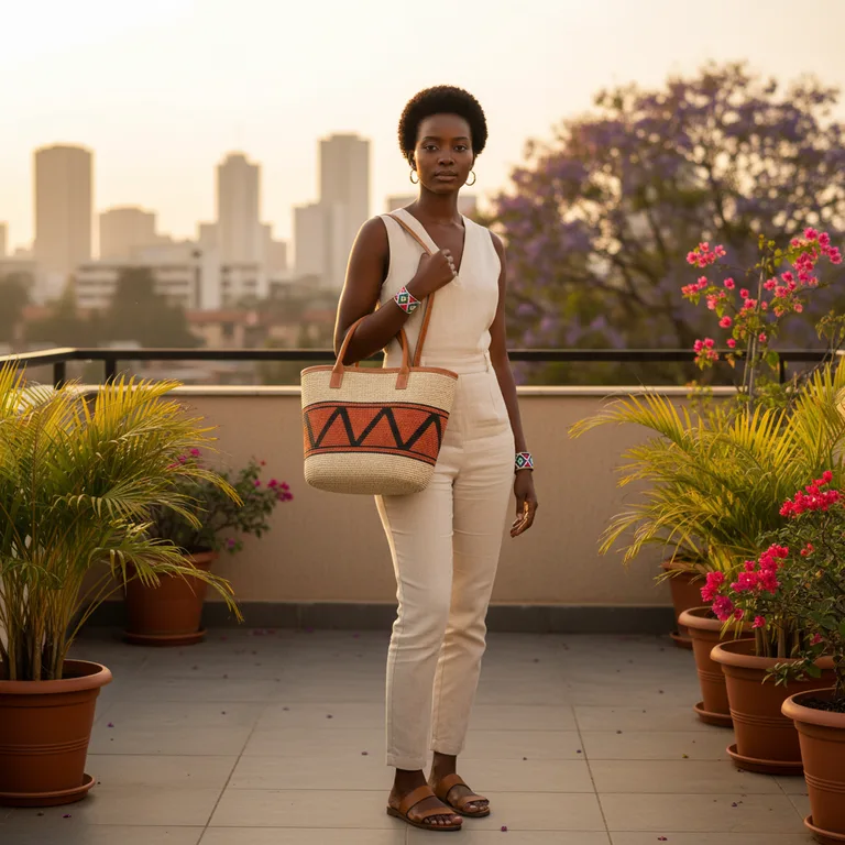 Full look · Kilimani rooftop — Amara standing, kiondo tote over one shoulder and the beaded cuff on the opposite wrist