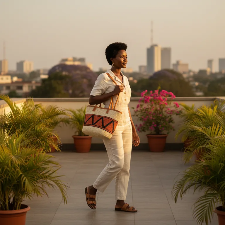 Editorial catalog — Amara walking, carrying the kiondo tote on her shoulder, looking off camera