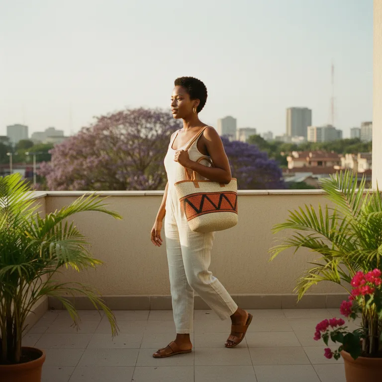 Grainy 35mm film — Amara walking, carrying the kiondo tote on her shoulder, looking off camera