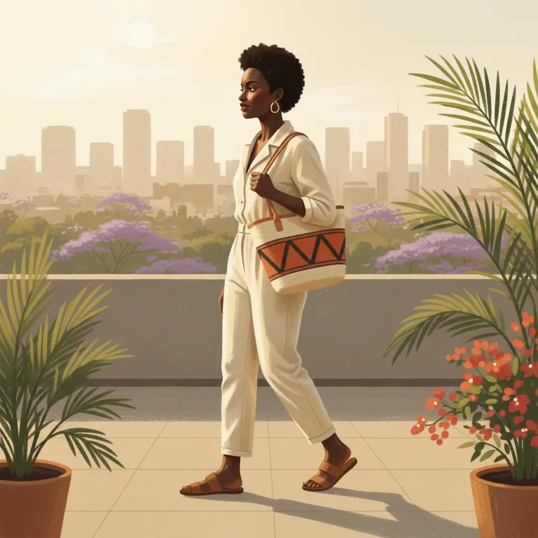 Hand-painted gouache — Amara walking, carrying the kiondo tote on her shoulder, looking off camera