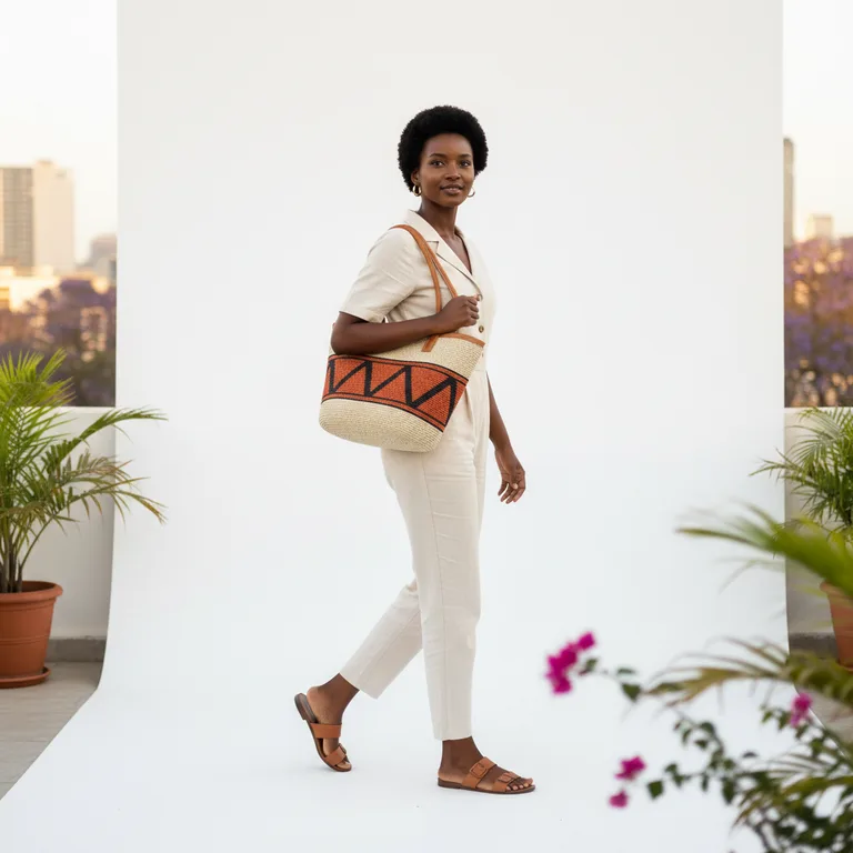 High-key studio — Amara walking, carrying the kiondo tote on her shoulder, looking off camera