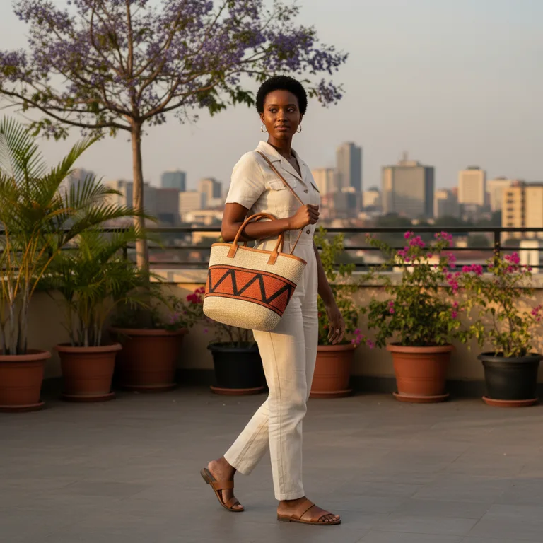 at dusk — Amara walking, carrying the kiondo tote on her shoulder, looking off camera. at dusk, city lights just coming on