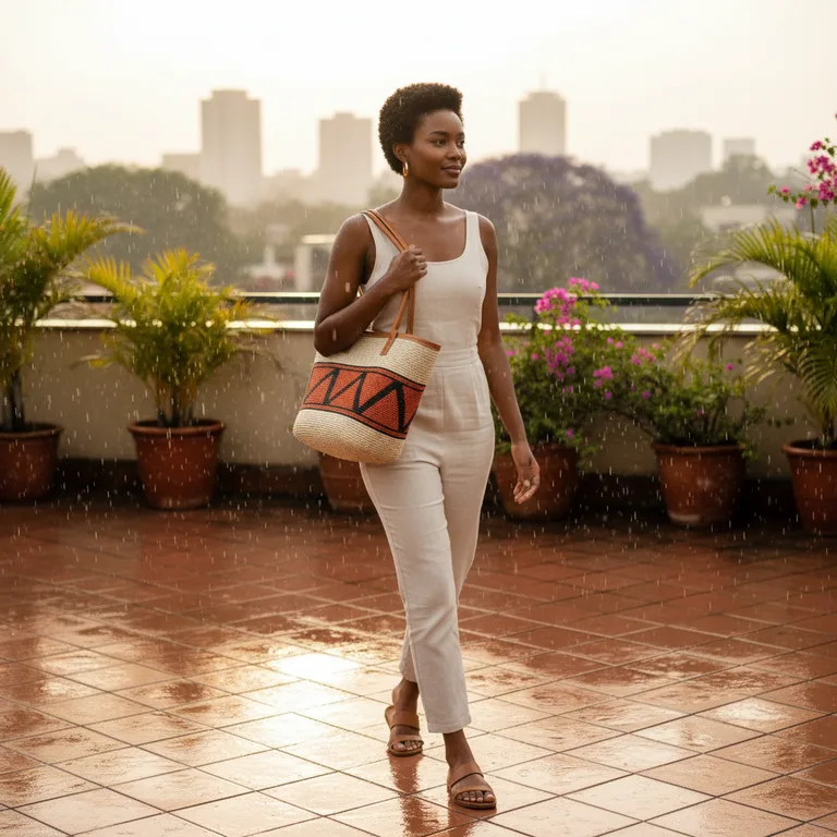 in soft rain — Amara walking, carrying the kiondo tote on her shoulder, looking off camera. in soft rain, wet terrace reflecting the light